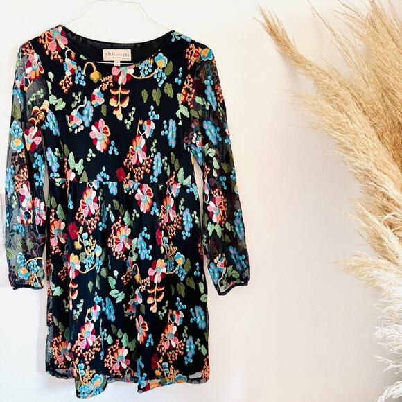 ANTHROPOLOGIE Black Sheer Mesh Floral Embroidery Overlay Sleeve Mini Dress S - Picture 3 of 14